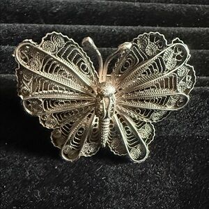 Silver Filigree Mid Century Butterfly Brooch